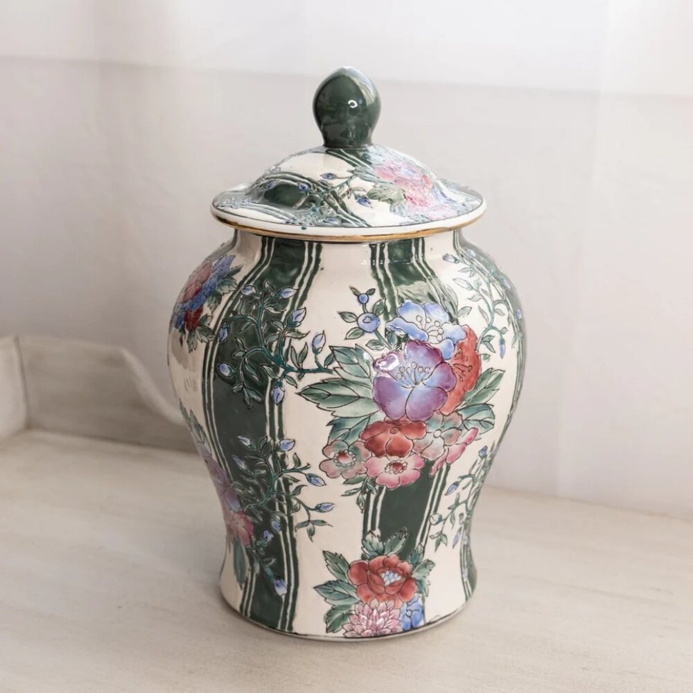 Large Floral Green & White Striped Ceramic Lidded Jar